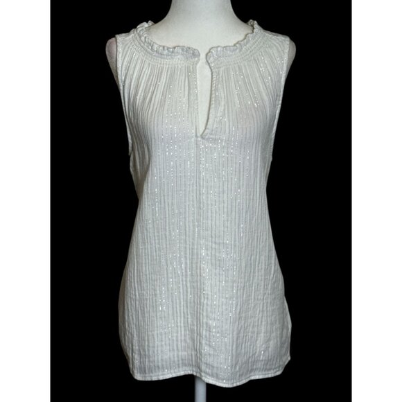 Gap Size M Womens White Sleeveless Top With Metallic Threading  Ruffle neckline - Picture 1 of 10